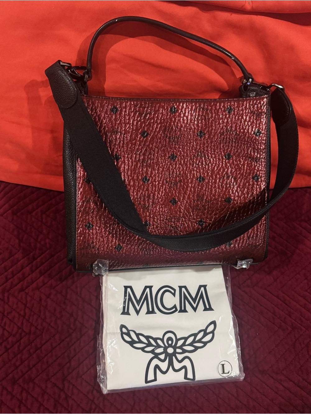 MCM Burgundy and Black Leather Top-Handle with long strap, brand new